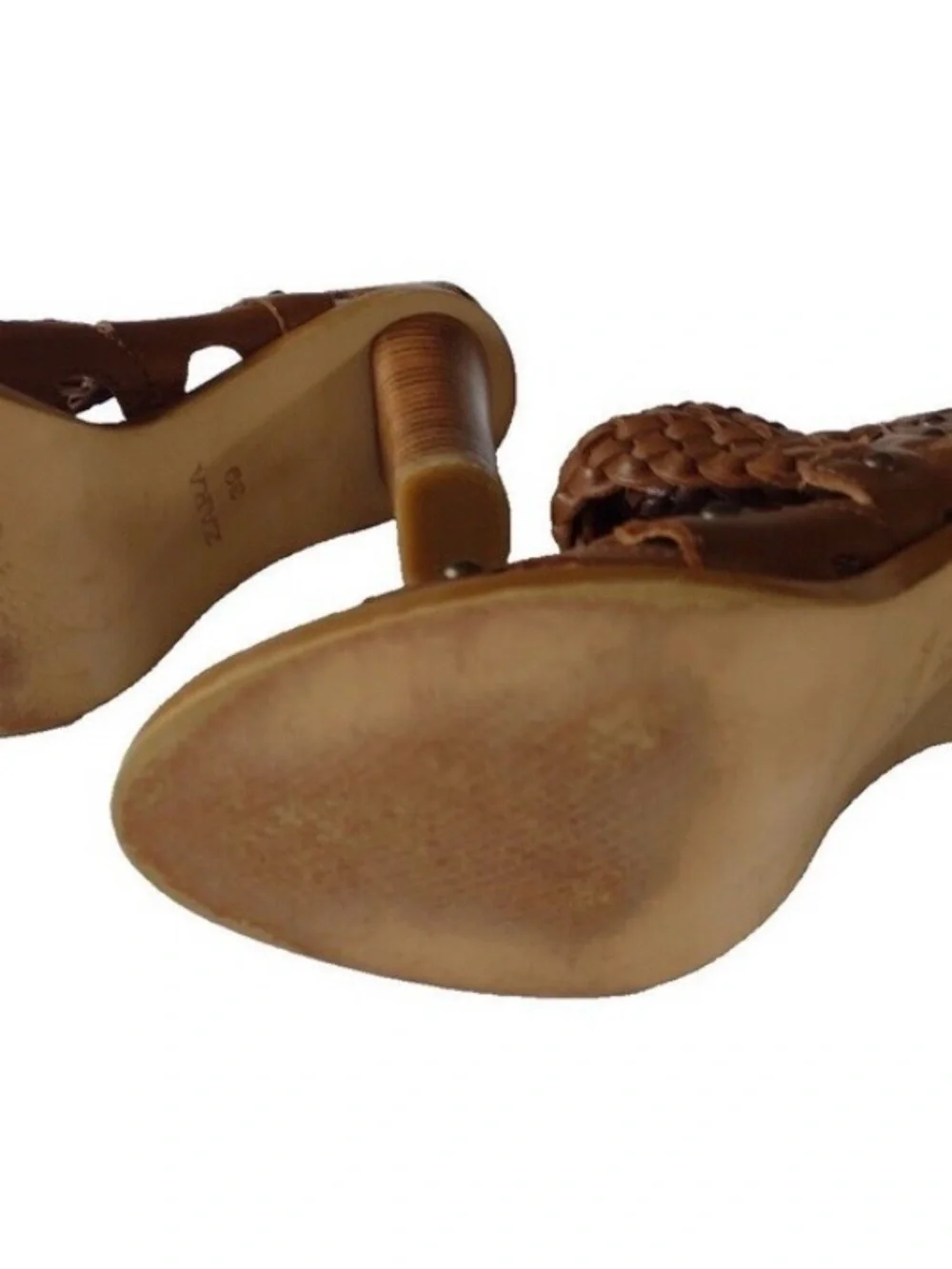 ZARA Brown Braided Leather Sandals Block Heel Back Zip Ankle Bootie Size 9 EU 39 - Picture 6 of 9